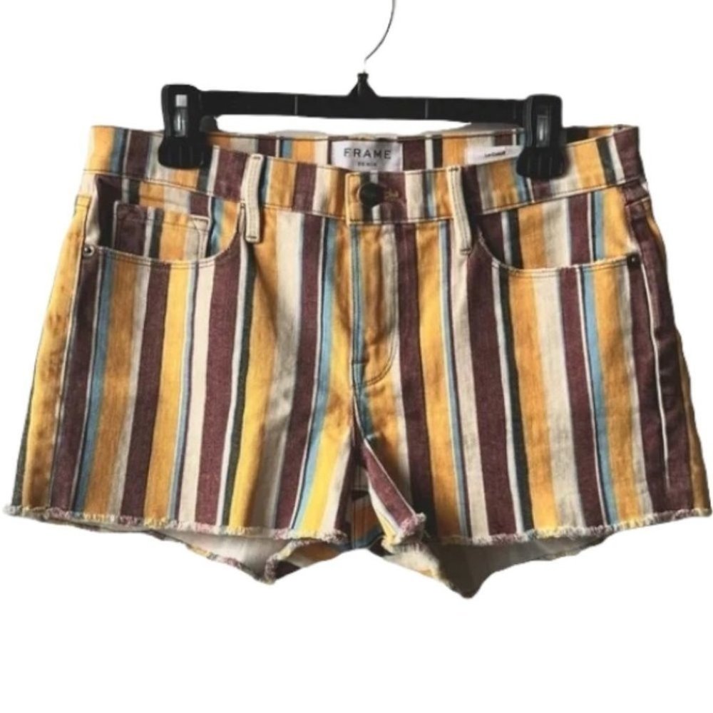 Frame Denim Yellow and Brown Striped Jean Shorts